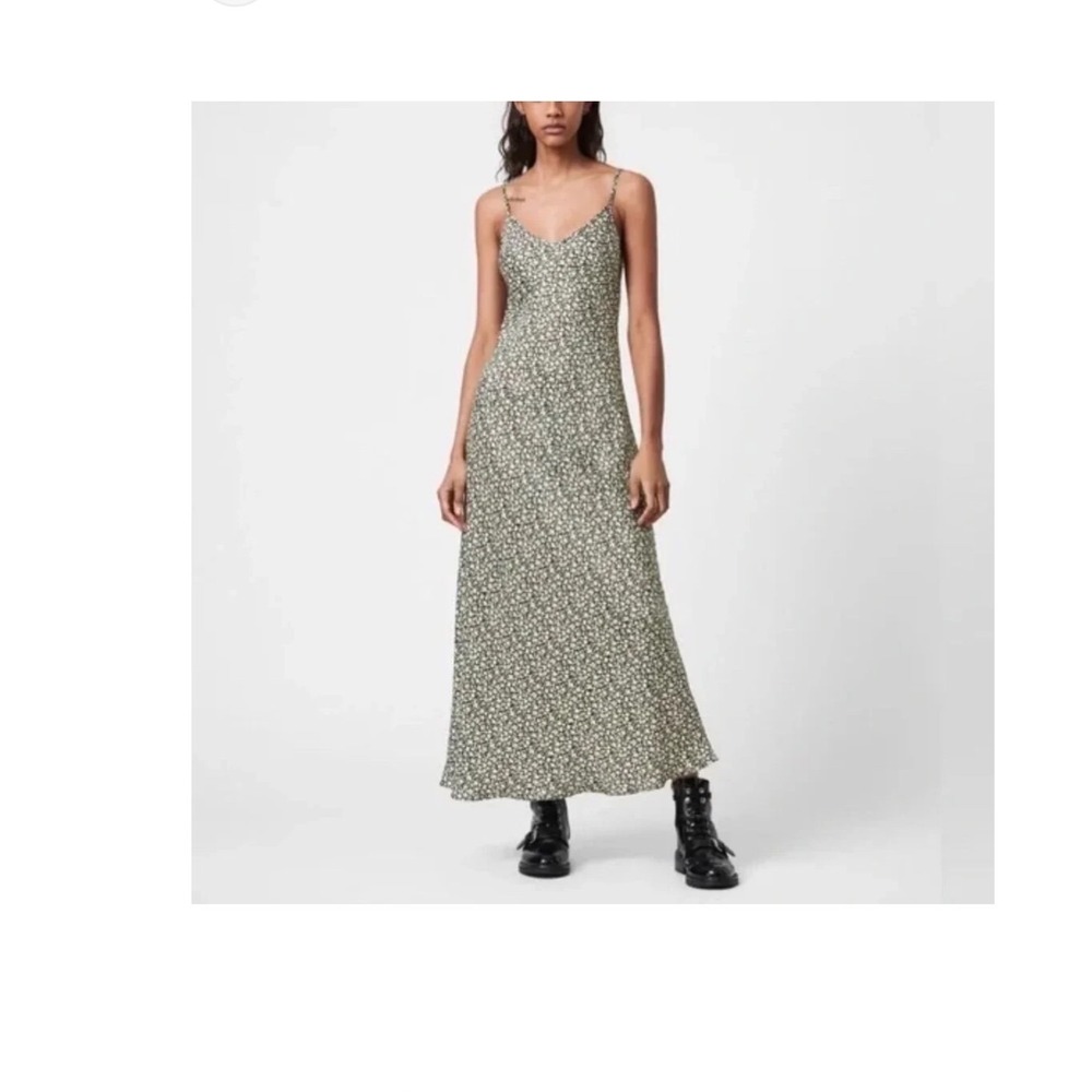 AllSaints Floral Midi Slip Dress Navy Blue Ditsy Print V-Neck US 10